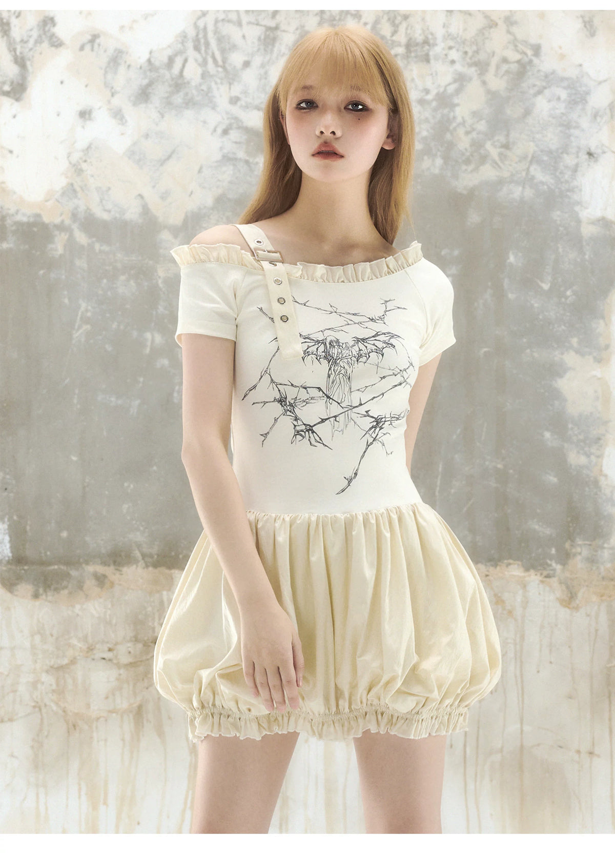 Thorn Angel Print Off-Shoulder Puff Dress