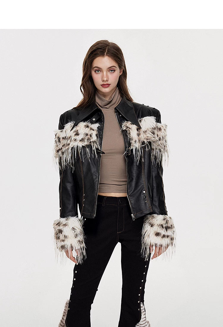 Fake Fur Patchwork Lined Thick PU Leather Jacket