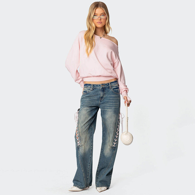 Lace-up Low-rise Straight-Leg Jeans