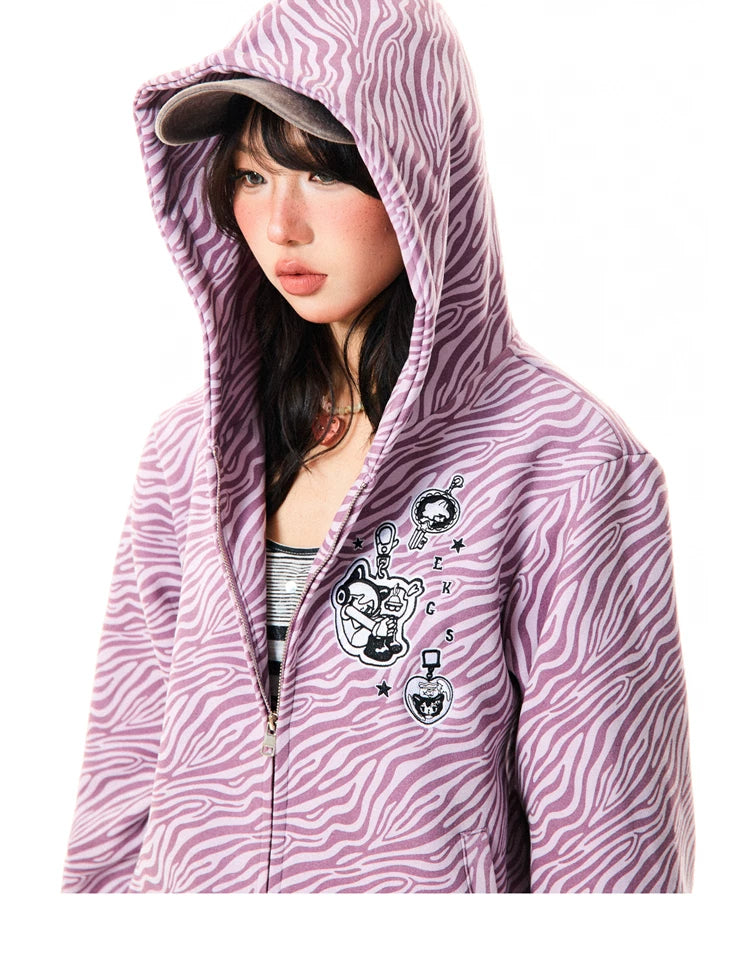 Zebra Print Graphic Zip-Up Hoodie