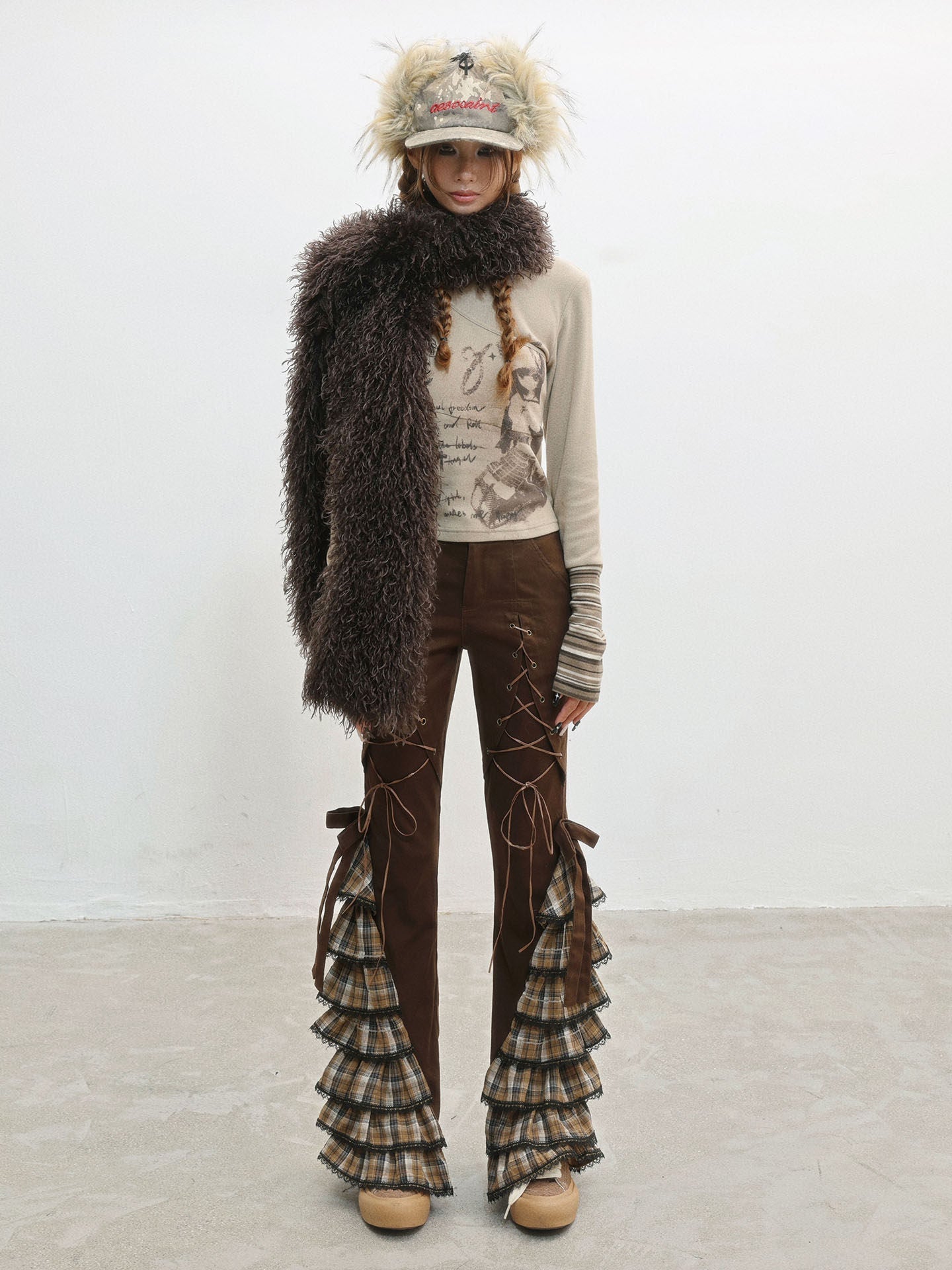 Plaid Lace-Up Ruffle Slimming Pants