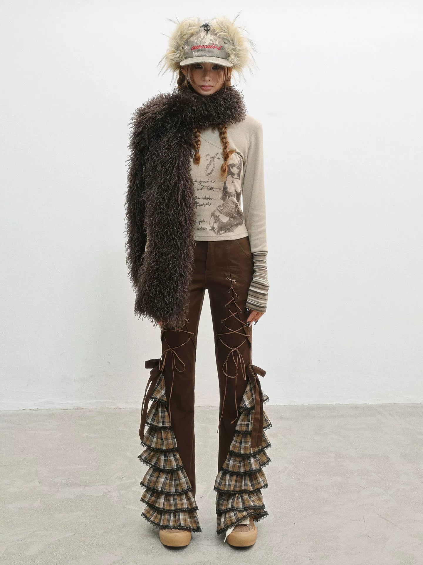 Plaid Lace-Up Ruffle Slimming Pants