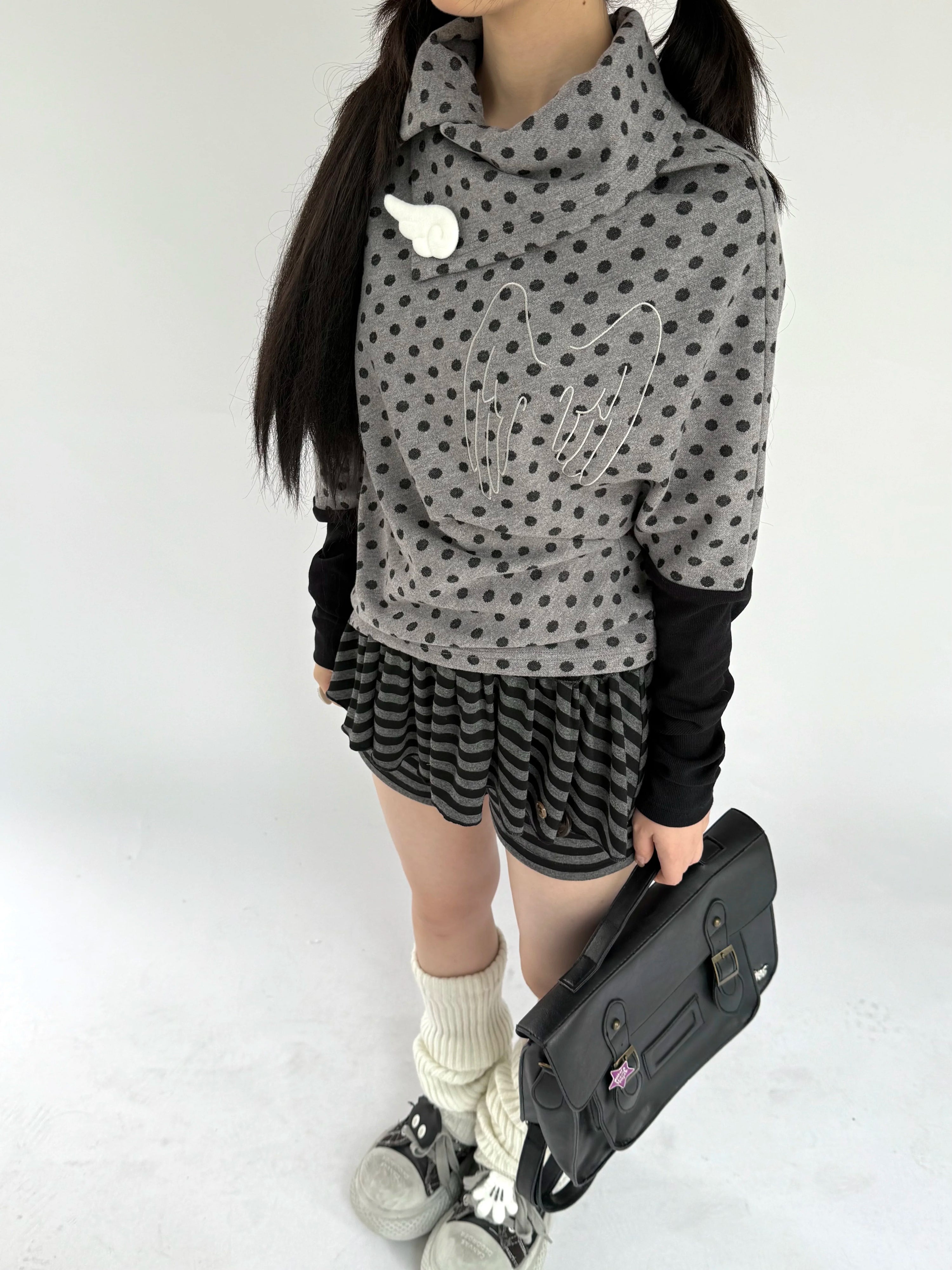 Asymmetric Polka Dot Fitted Long Sleeve T-Shirt