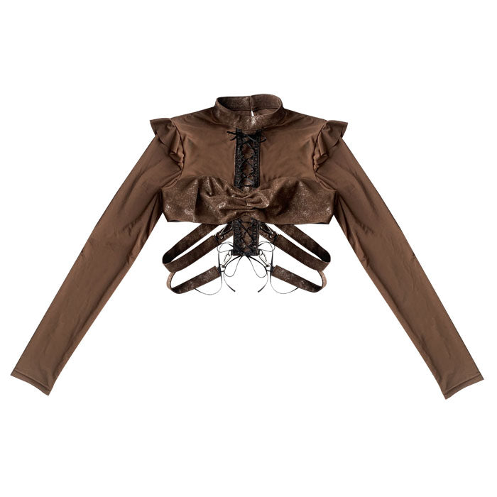Sheer Mesh Ruffle Cropped Blouse