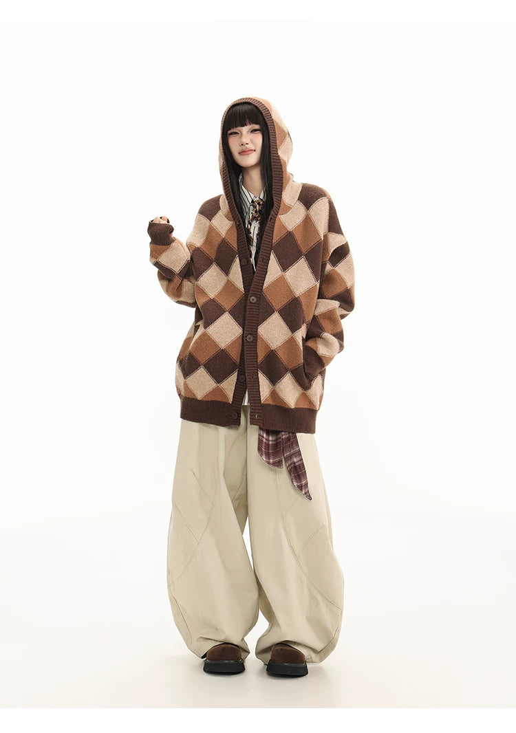 Heavyweight Diamond Pattern Oversize Hooded Knit Cardigan & Knit Sweater