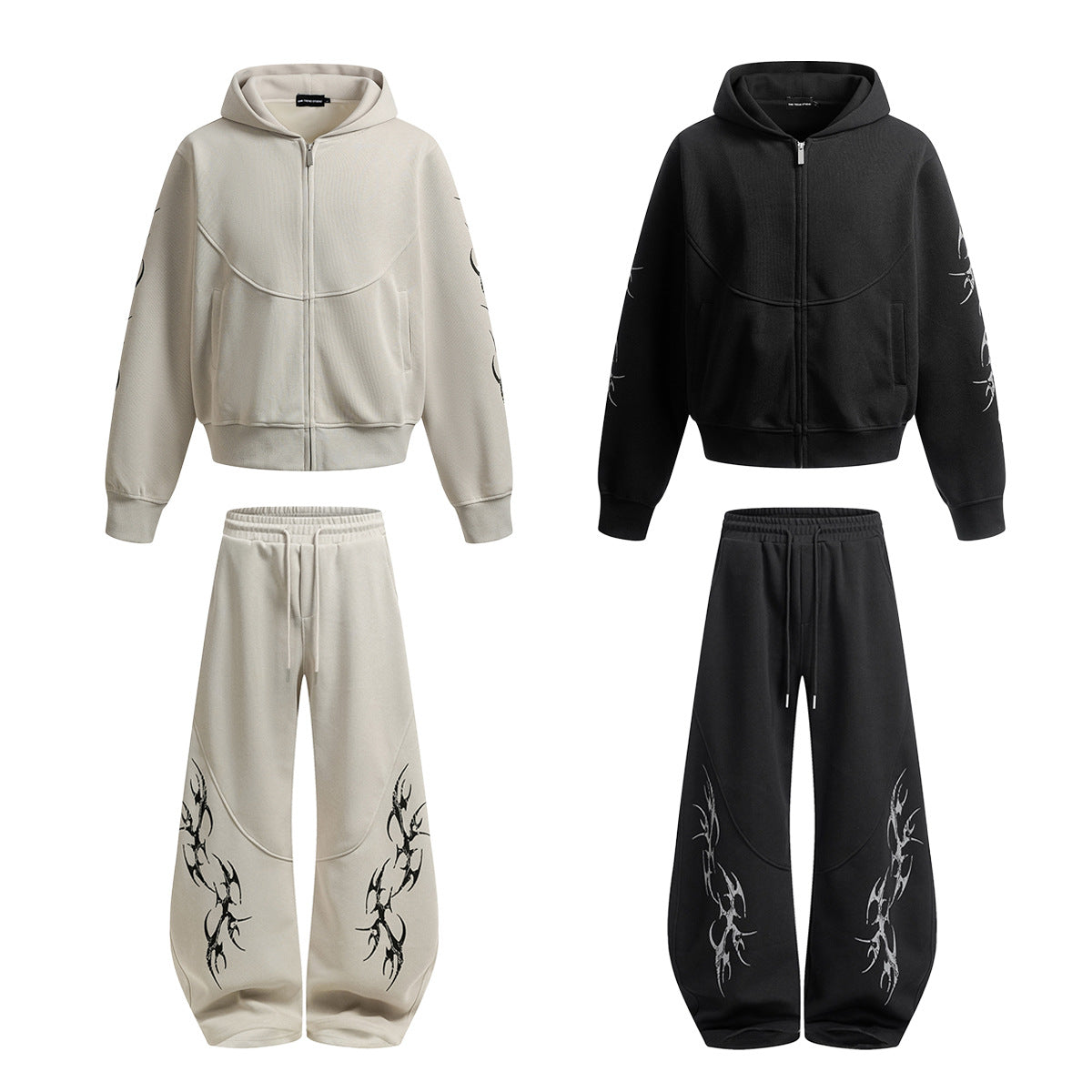 Thorn Print Zipper Hoodie & Thorn Print Wide Leg Sweatpants Setup