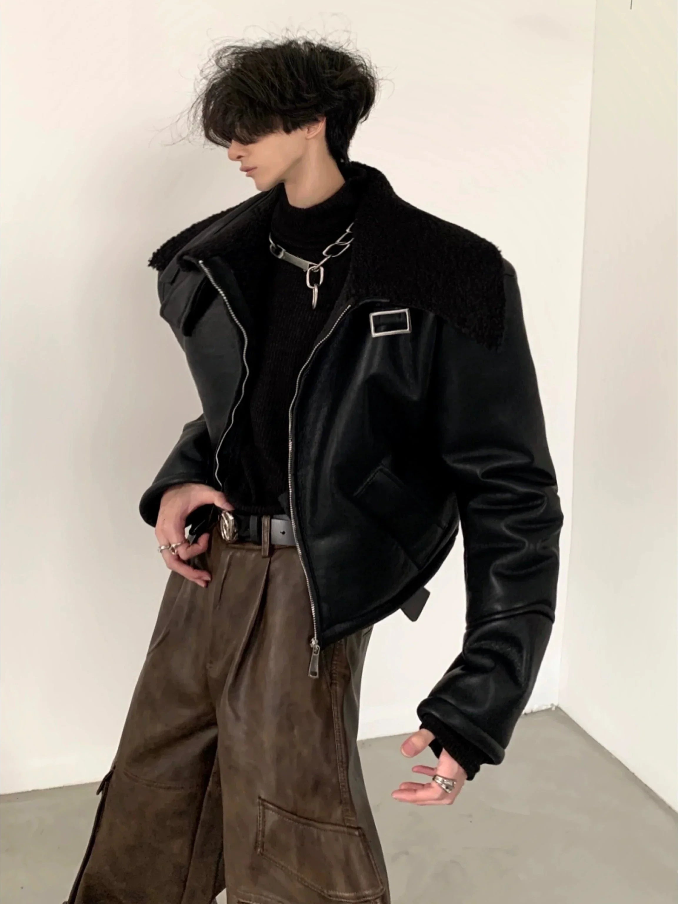 Fur Collar Short Zipper PU Leather Jacket