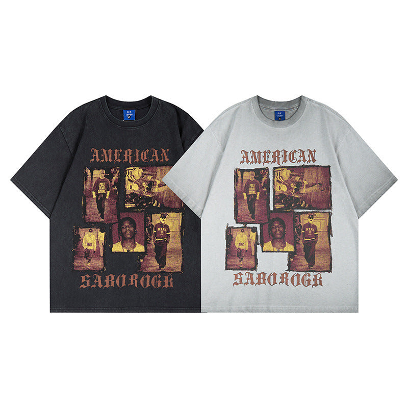 Washed Portrait Print Short Sleeve T-Shirt