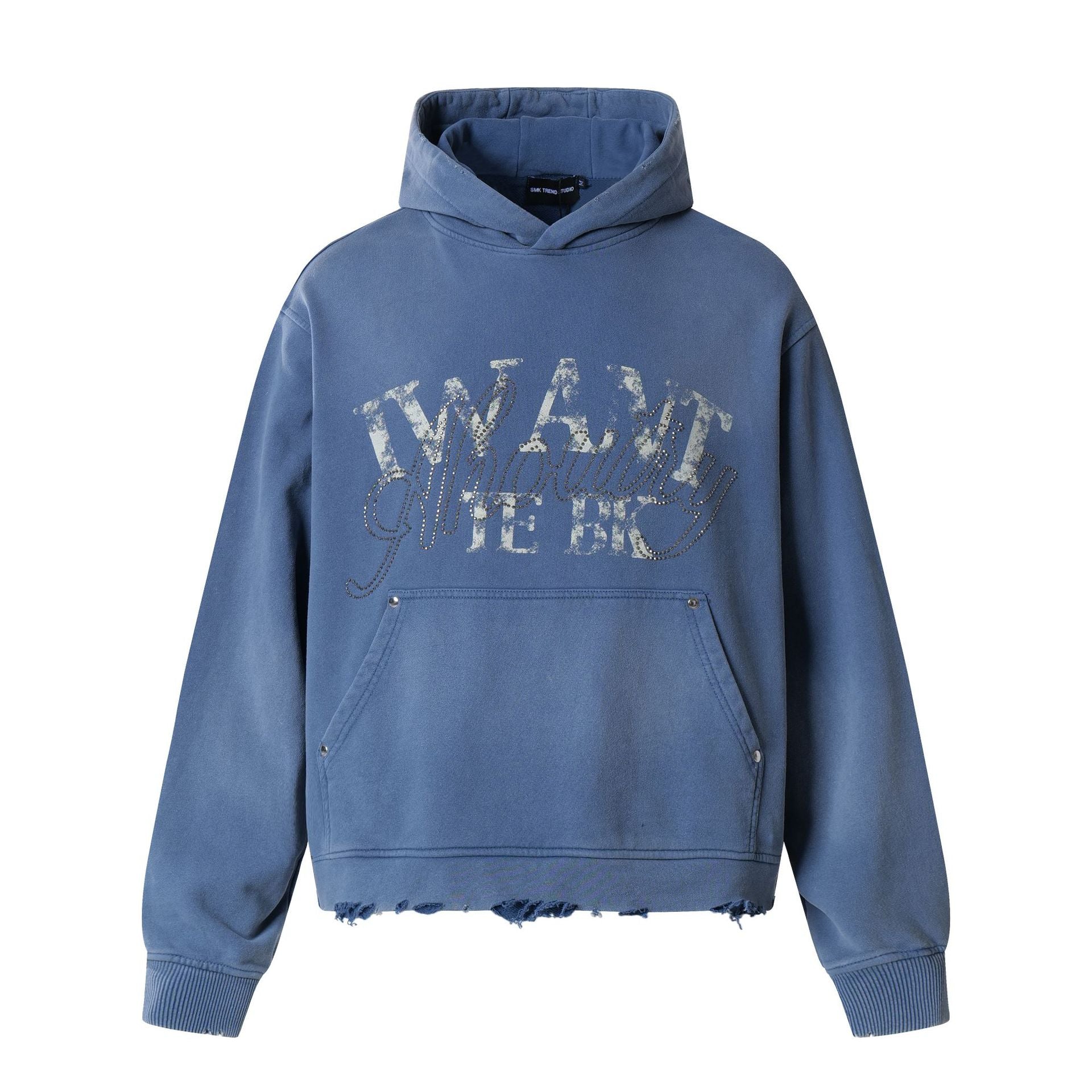 Washed Letter Rhinestone Design Damage Hoodie