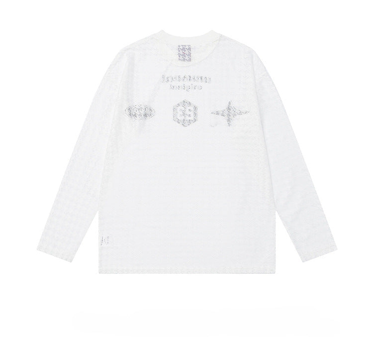 White long-sleeve shirt with brand logos on a white background