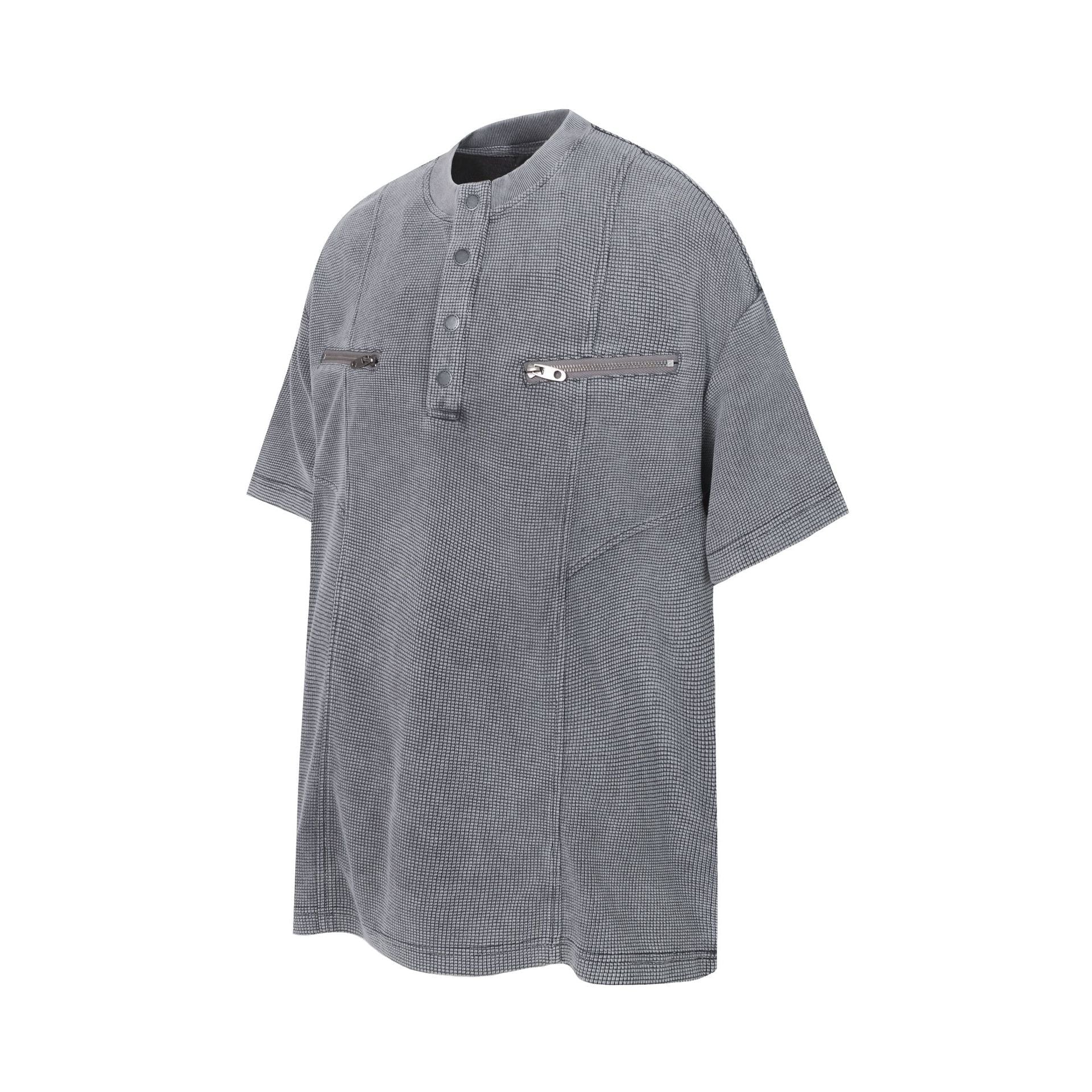 Half-Open Collar Check Wash Damage Short Sleeve T-Shirt