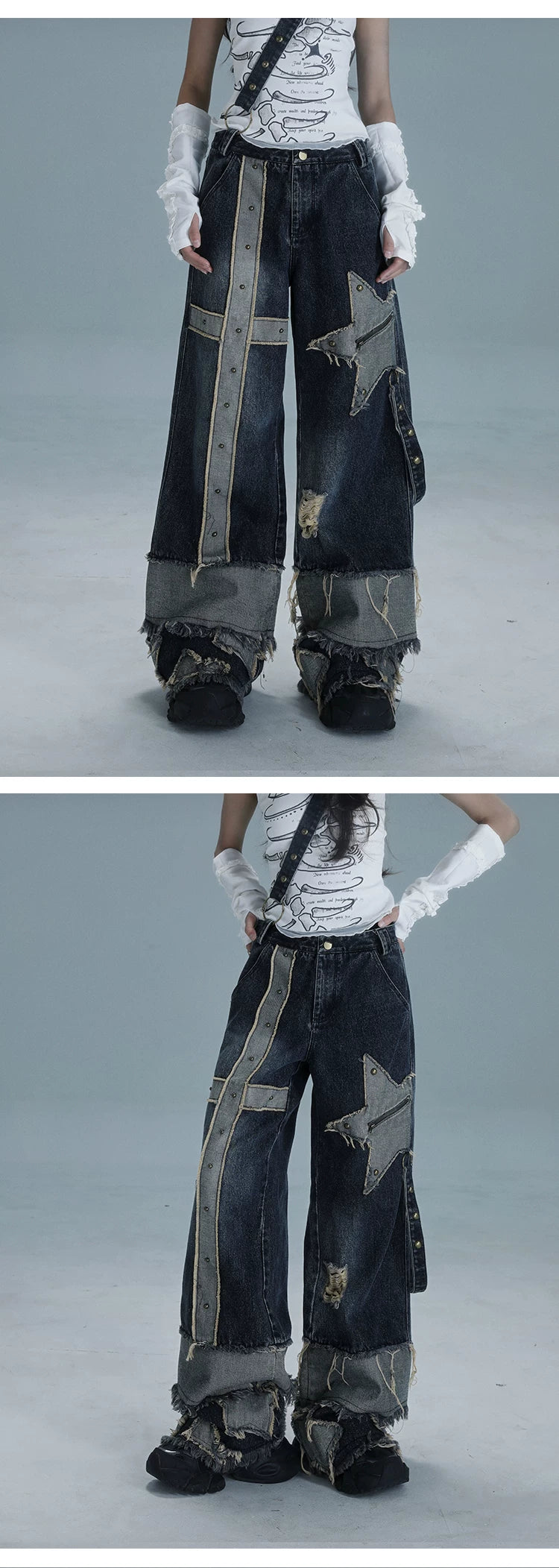 Low Waist Wide Leg Washed Stud Denim Jeans