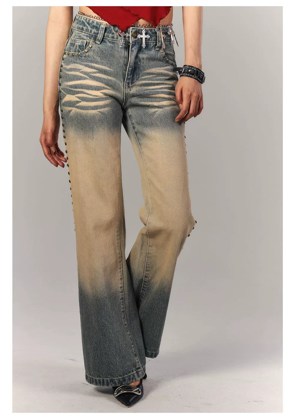 Washed Gradient Studs Detail Flare Denim Jeans