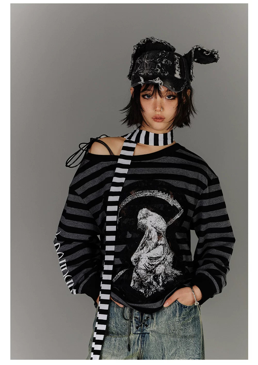 Off-Shoulder Drawstring Stripe Oversize Long Sleeve T-Shirt