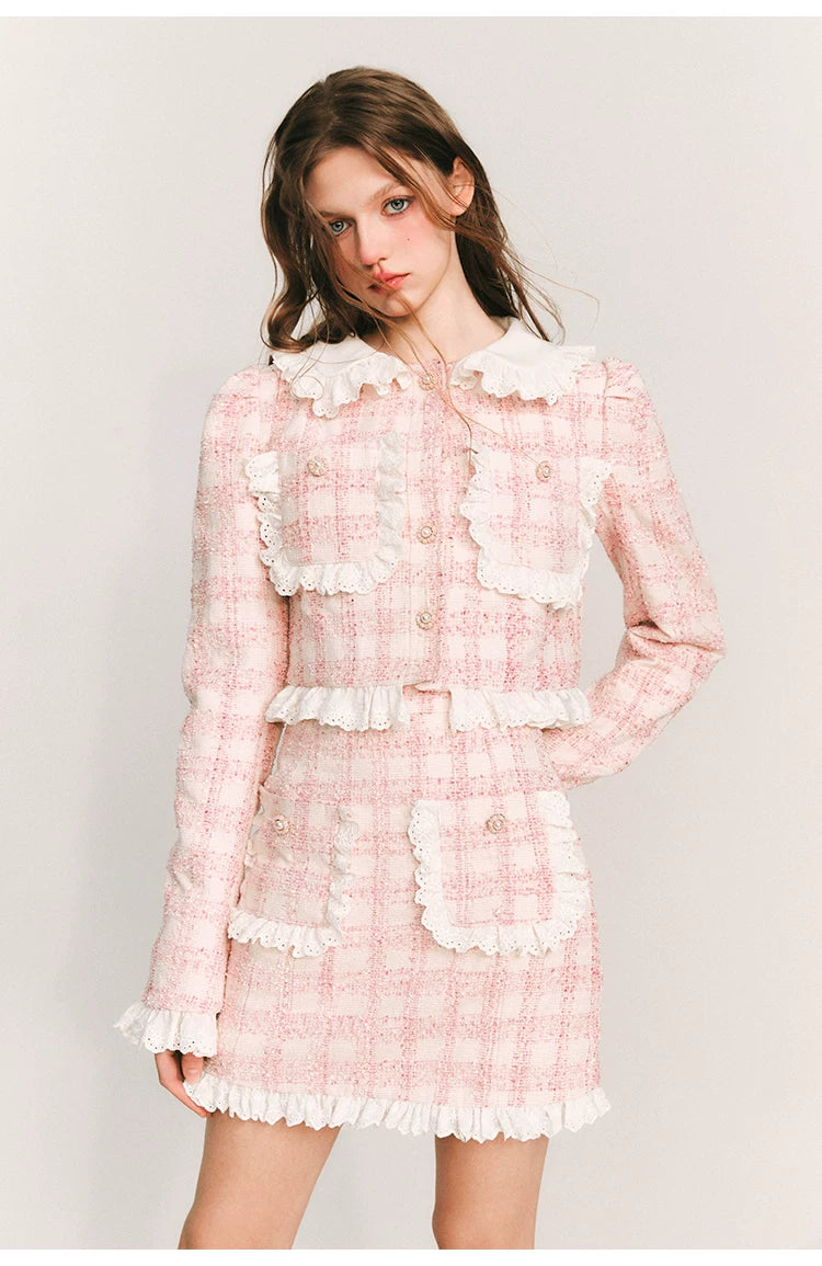 Lace Plaid Cropped Jacket & Short Lace Skirt Setup