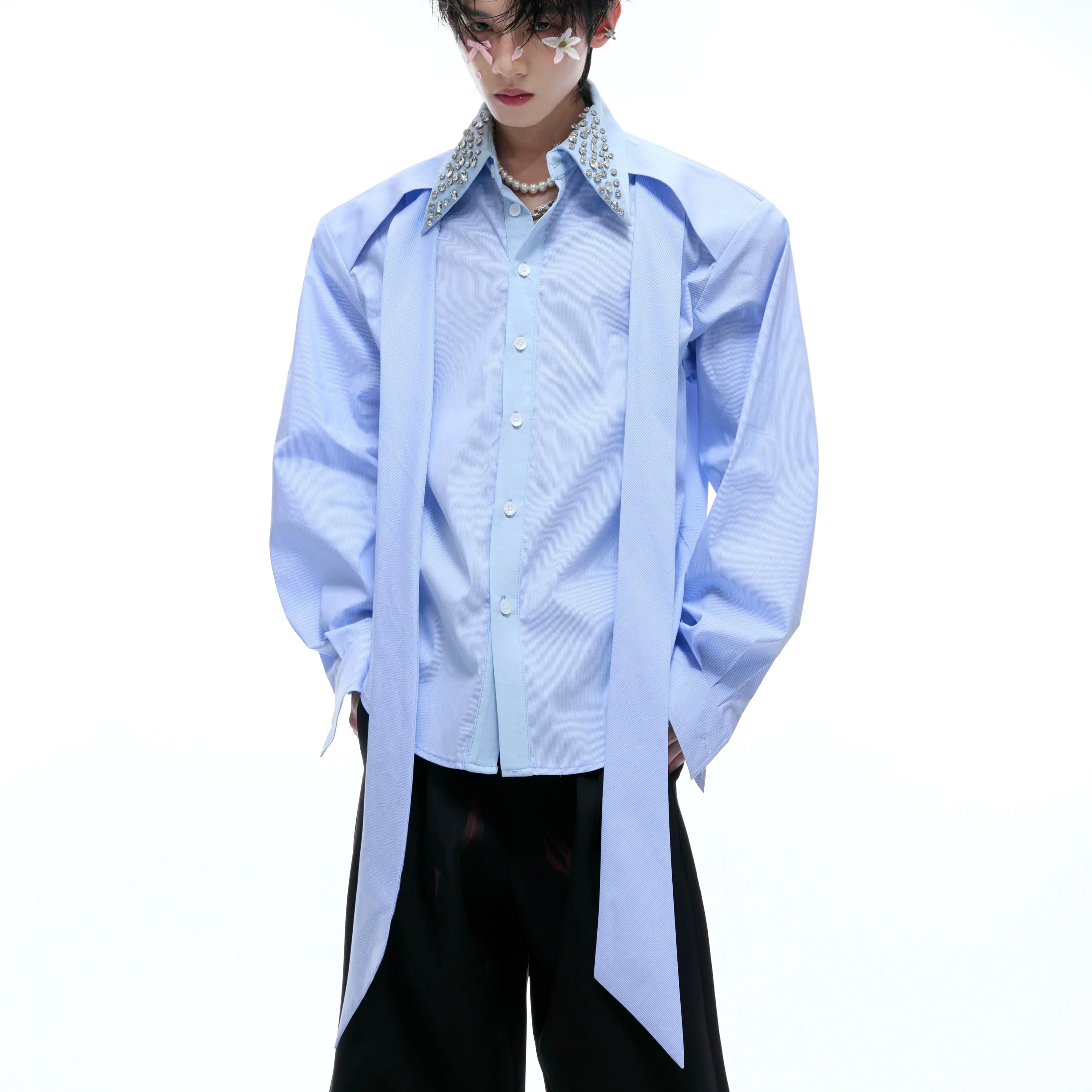 Rhinestone Neckline Ribbon Colorblock Long Sleeve Shirt