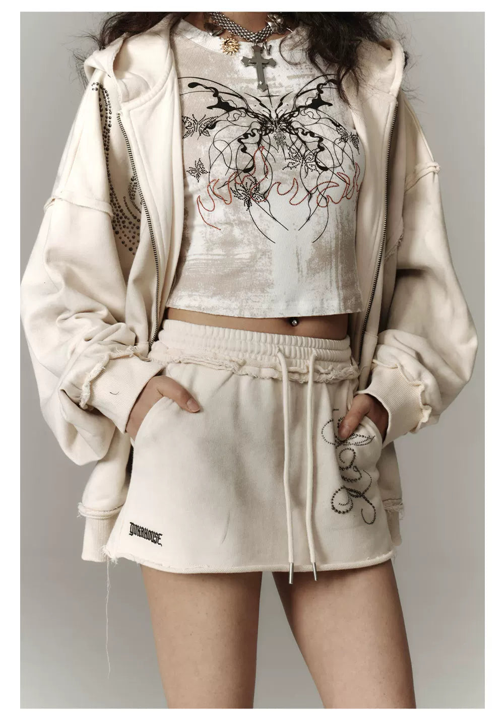 Washed Damage Oversize Zipper Hoodie & Short Skirt Setup