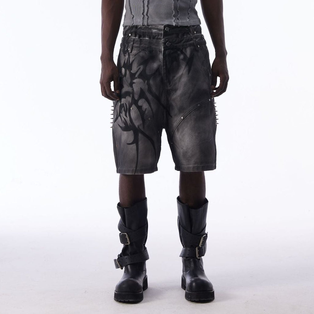 Washed Graffiti Dirty-Dye Denim Jort