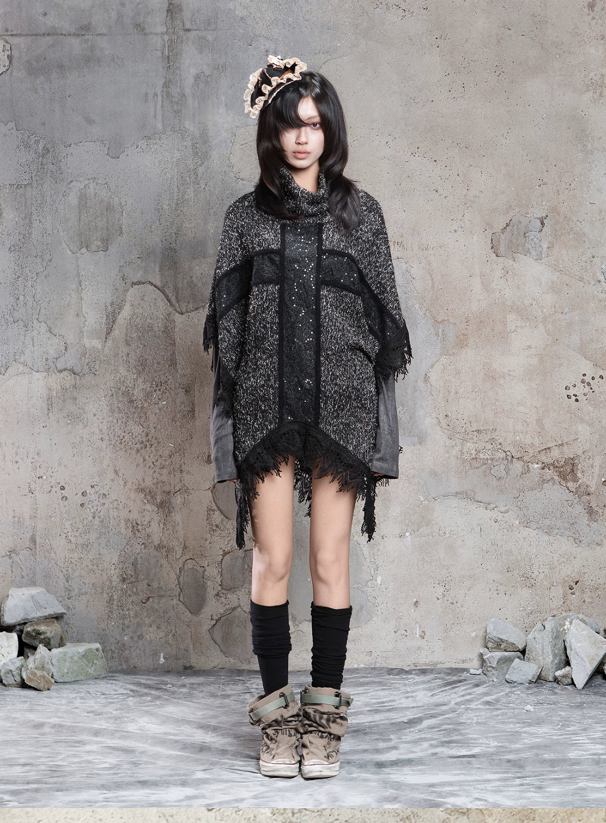 Punk Cross Cape Asymmetric Fringe Knit Sweater
