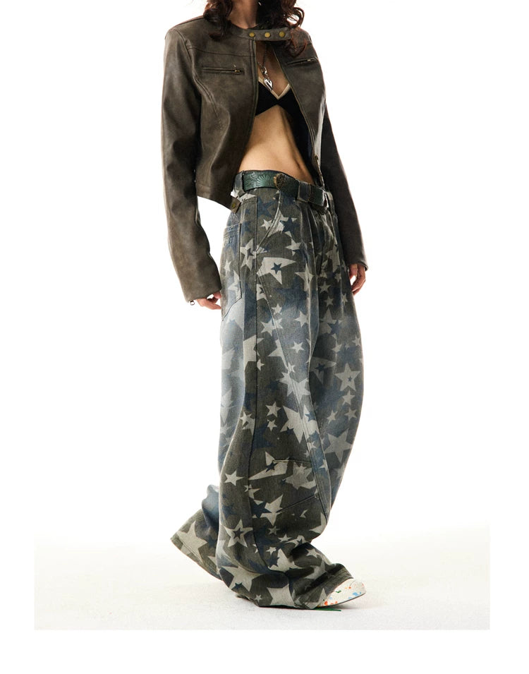 Star Print Damage Wide Leg Denim Jeans