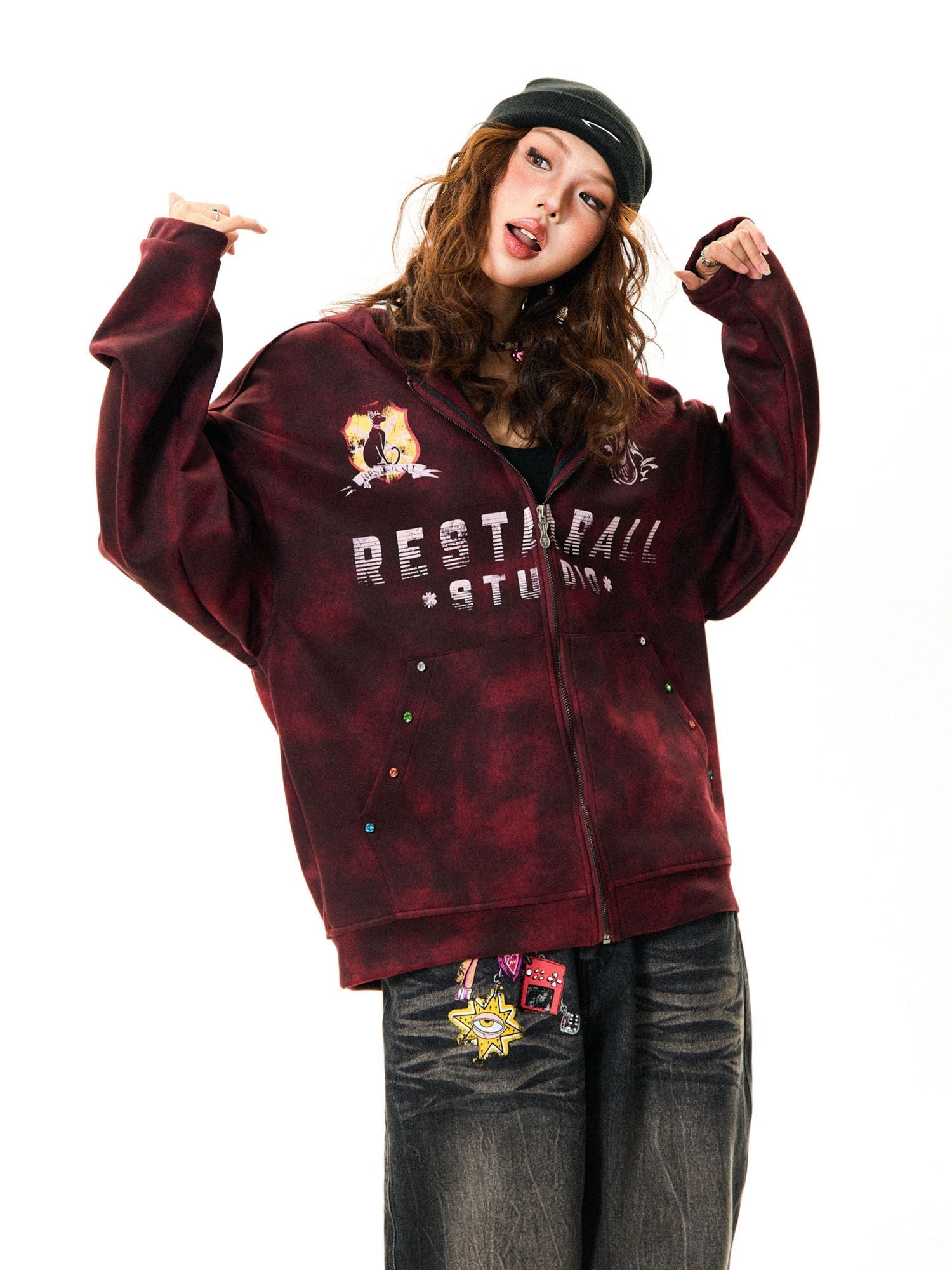 Tie-Dye Letter Print Oversize Zipper Hoodie