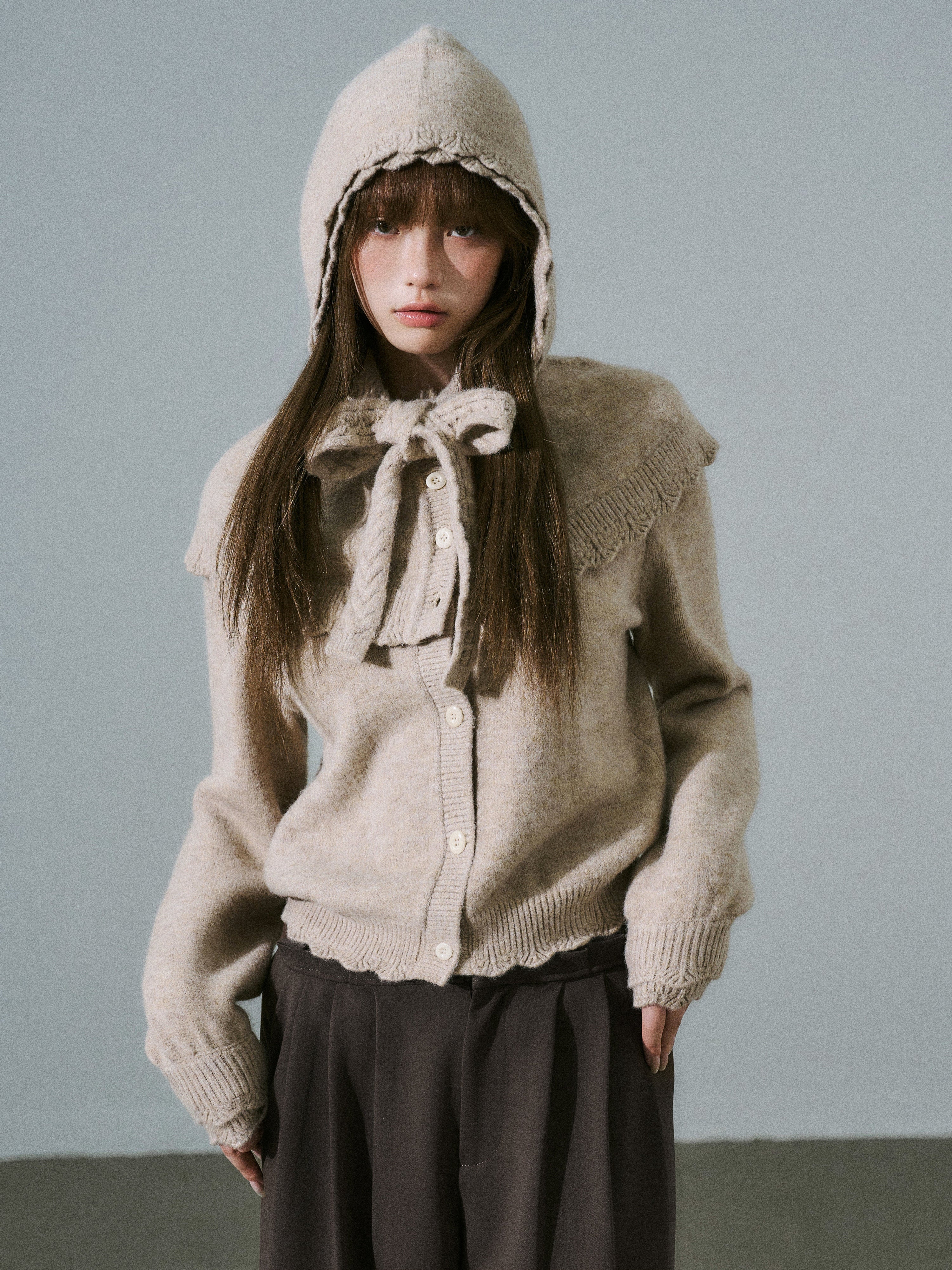 Ruffled Collar And Bow Detail Knit Cardigan