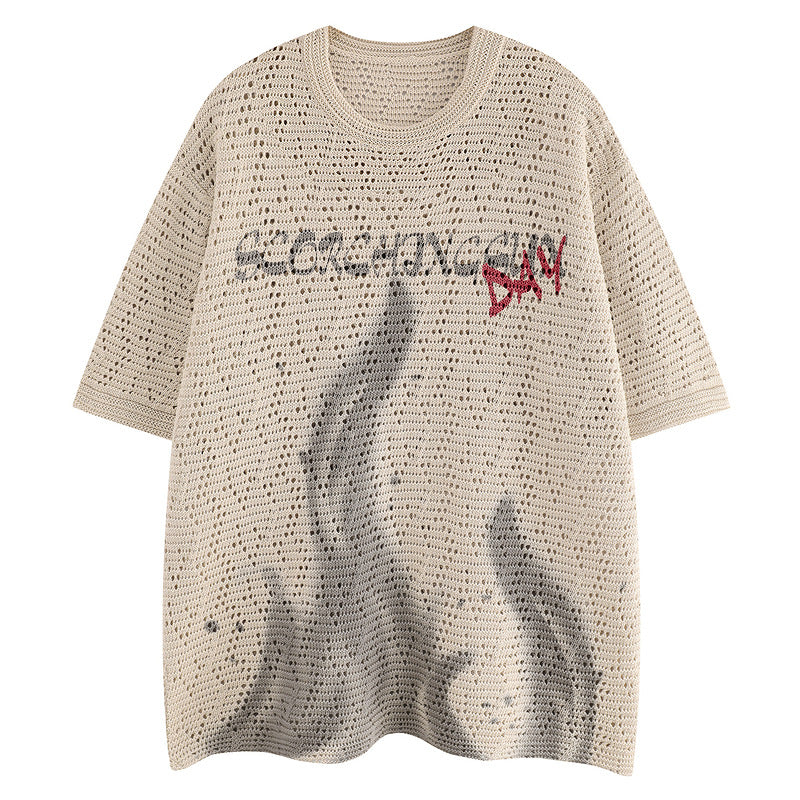Feuer Ausschnitt Strick Kurzarm T-Shirt