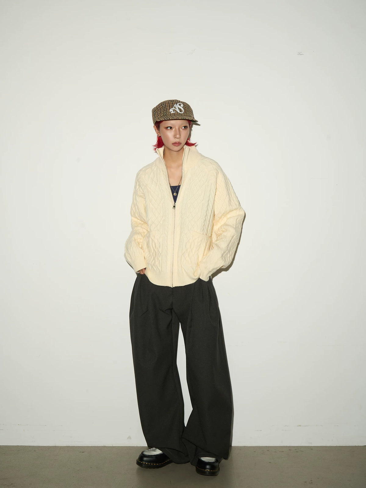 Cable Knit Stand Neck Zipper Knit Cardigan