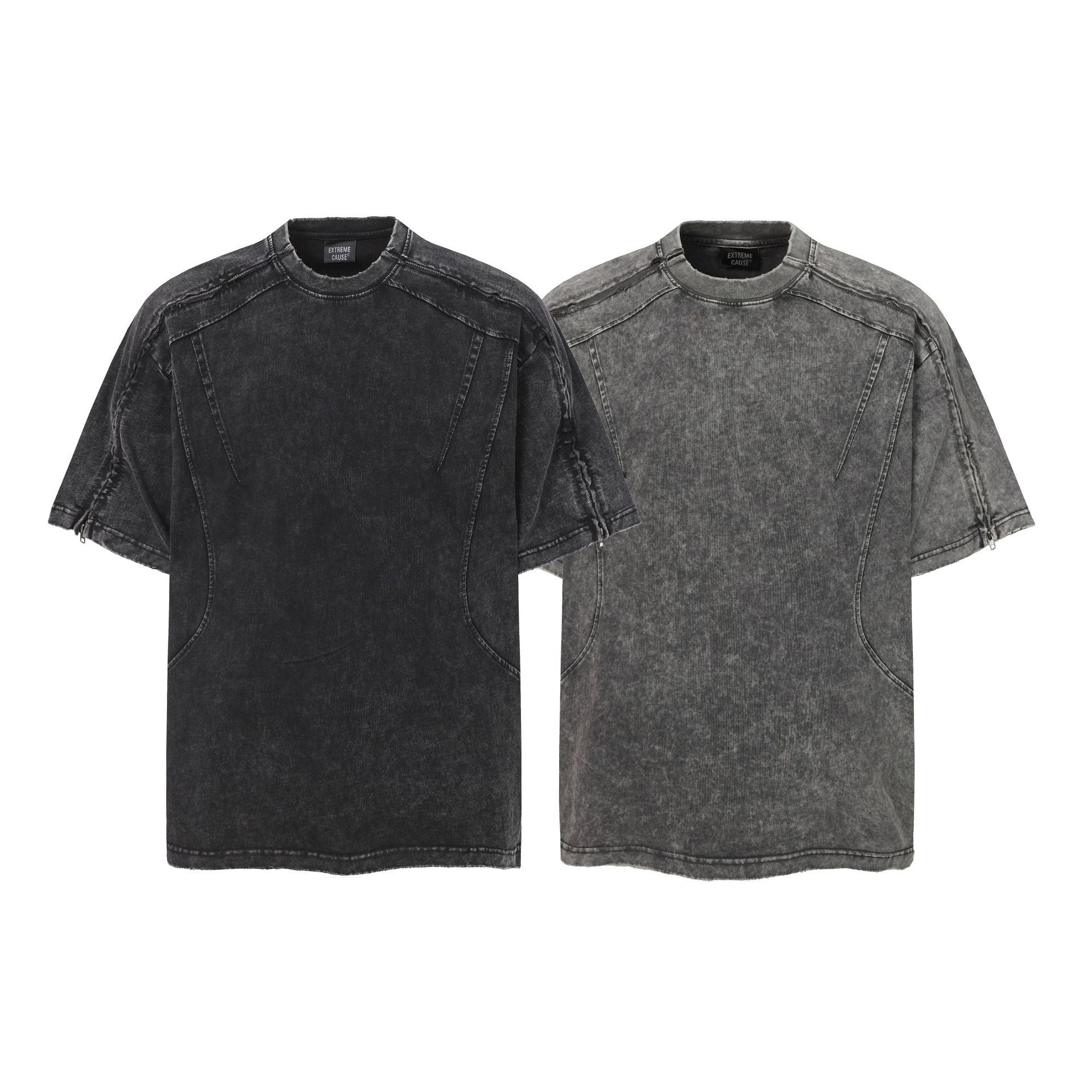 Washed Panel Design Zipper Detail Short Sleeve T-Shirt