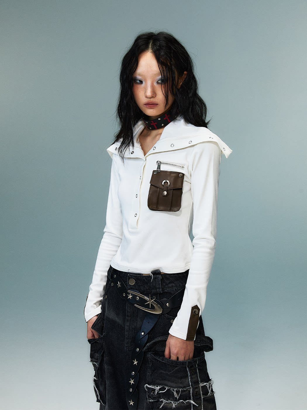 High-Neck Convertible Slim Knit Long Sleeve Shirt