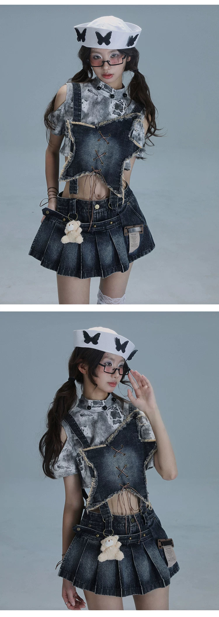 Detachable Washed Suspender Denim Short Skirt & Inner Shirts Set