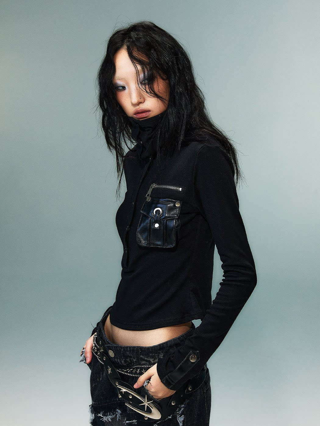 High-Neck Convertible Slim Knit Long Sleeve Shirt