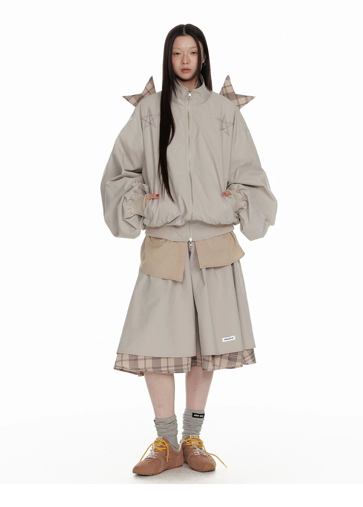 Hollow Star Stand Neck Recersible Jacket & Recersible Plaid Skirt Setup
