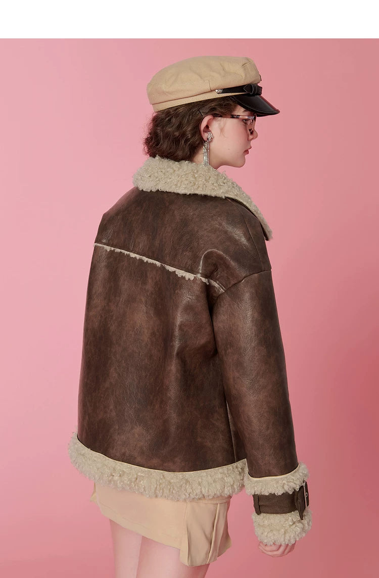 Fake Shearling Thick PU Leather Jacket