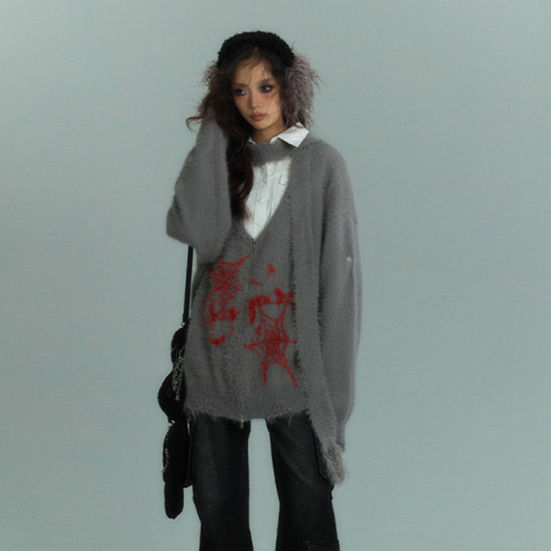 V-Neck Fake Mink Damage Zipper Knit Cardigan