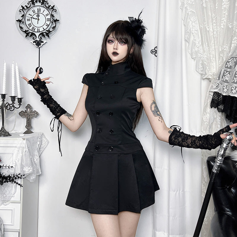 Halloween Gothic Double-Breasted Pleated Mini Dress