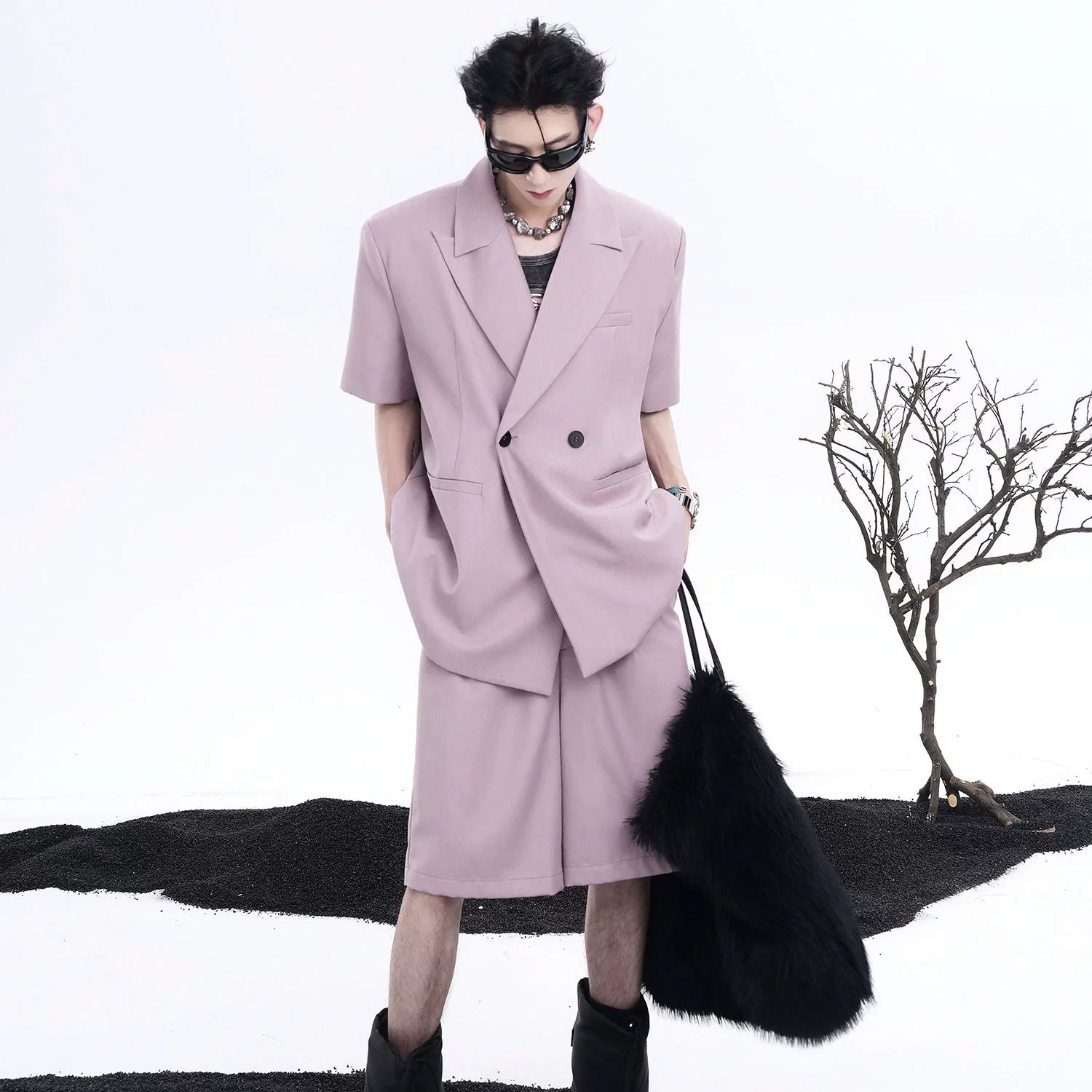 Short Sleeve Tailored Jacket & Wide-Leg Straight Shorts Setup