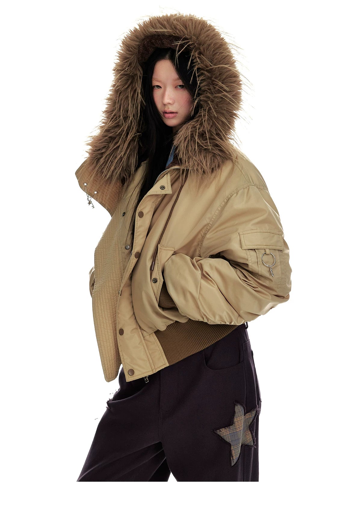 Hooded Fur-Collar White Duck Down Jacket
