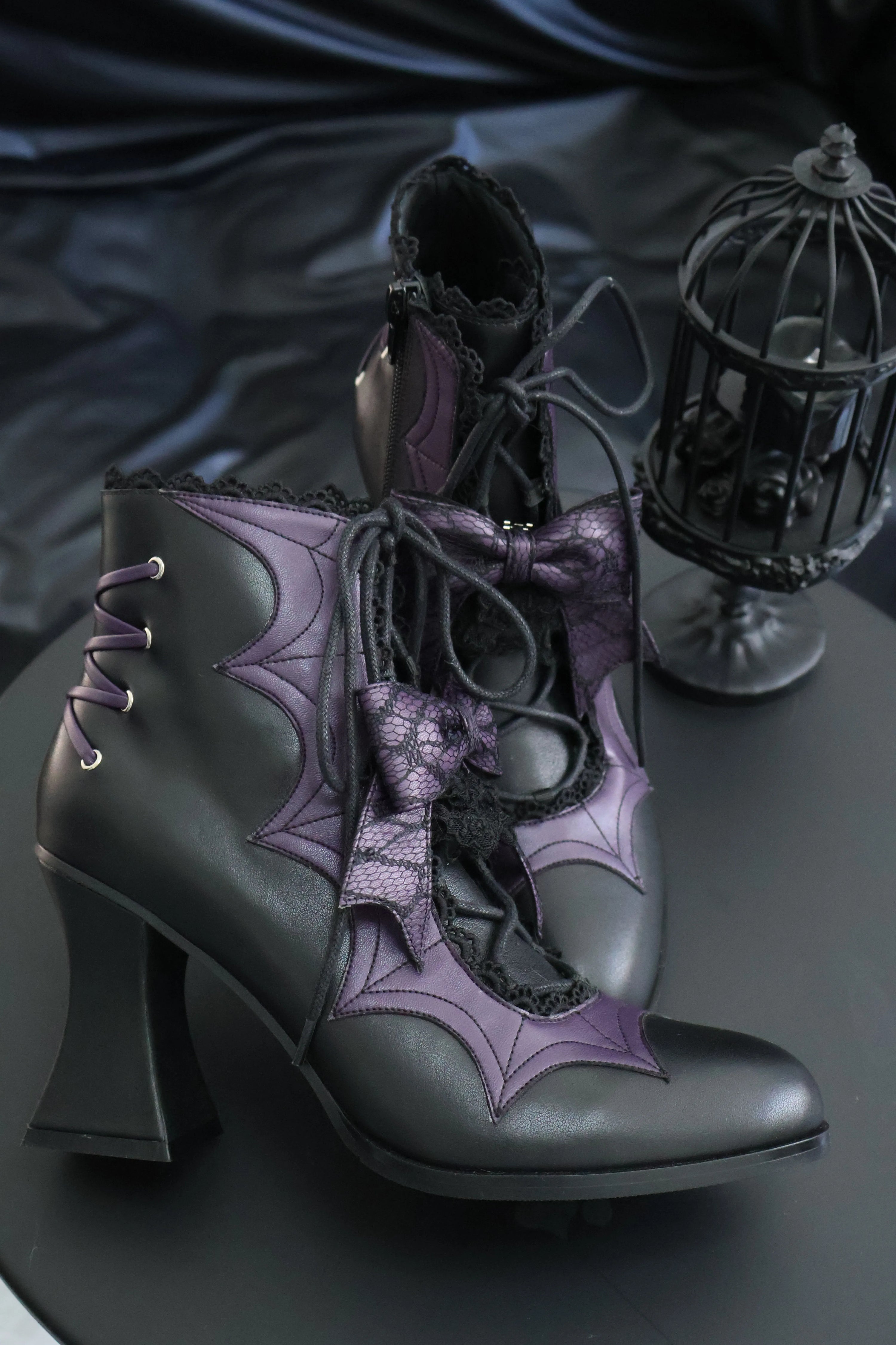 Lace Bow Purple Spider Web Ankle Boots