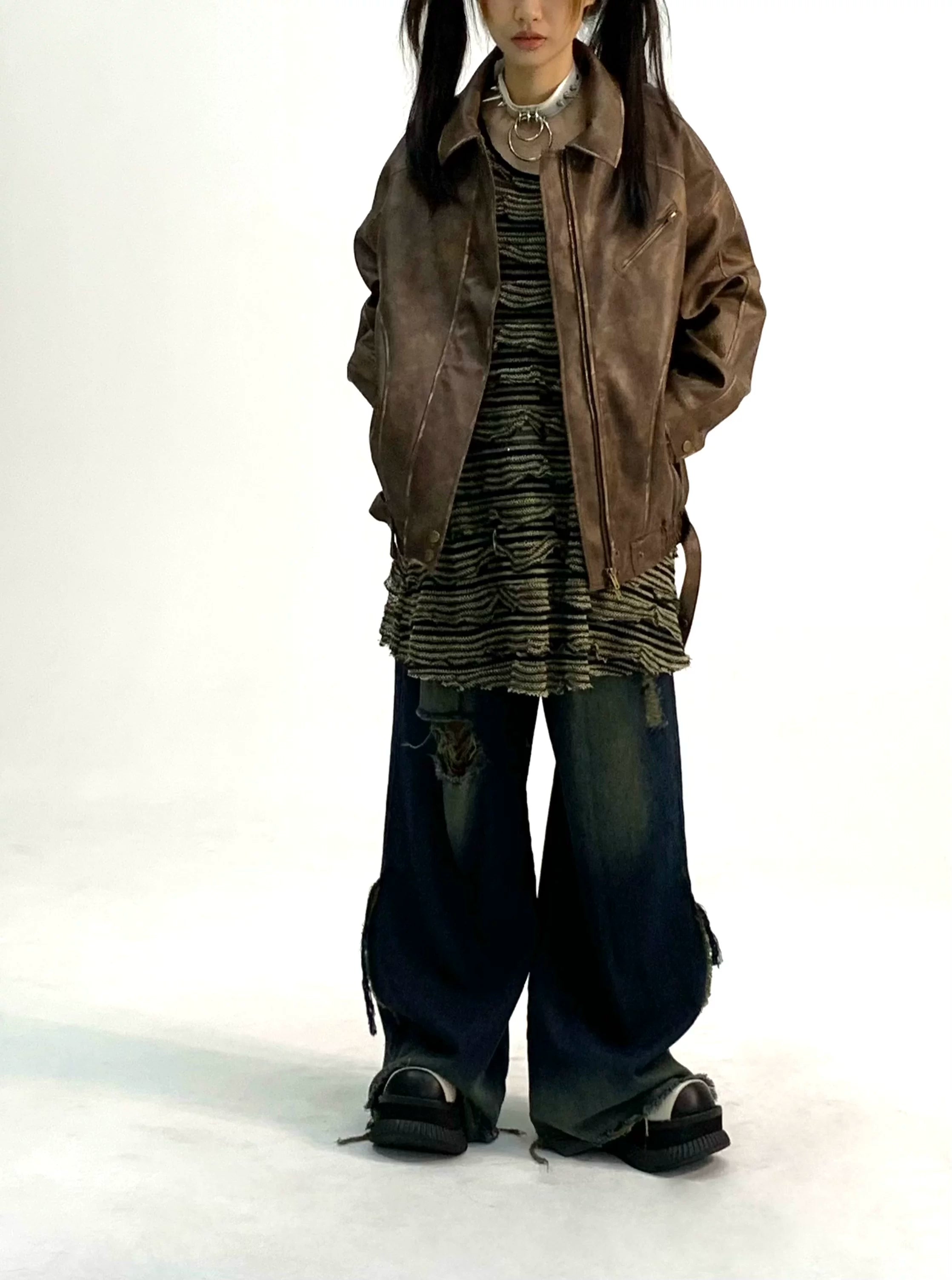 Washed Damage Fray Panel Wide Leg Denim Jeans