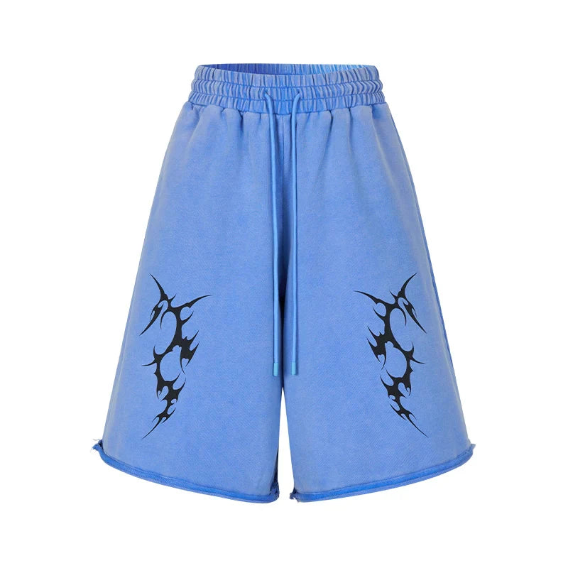 Oversize Washed Print Zipper Hoodie & Wide-leg Half Sweatpants Setup