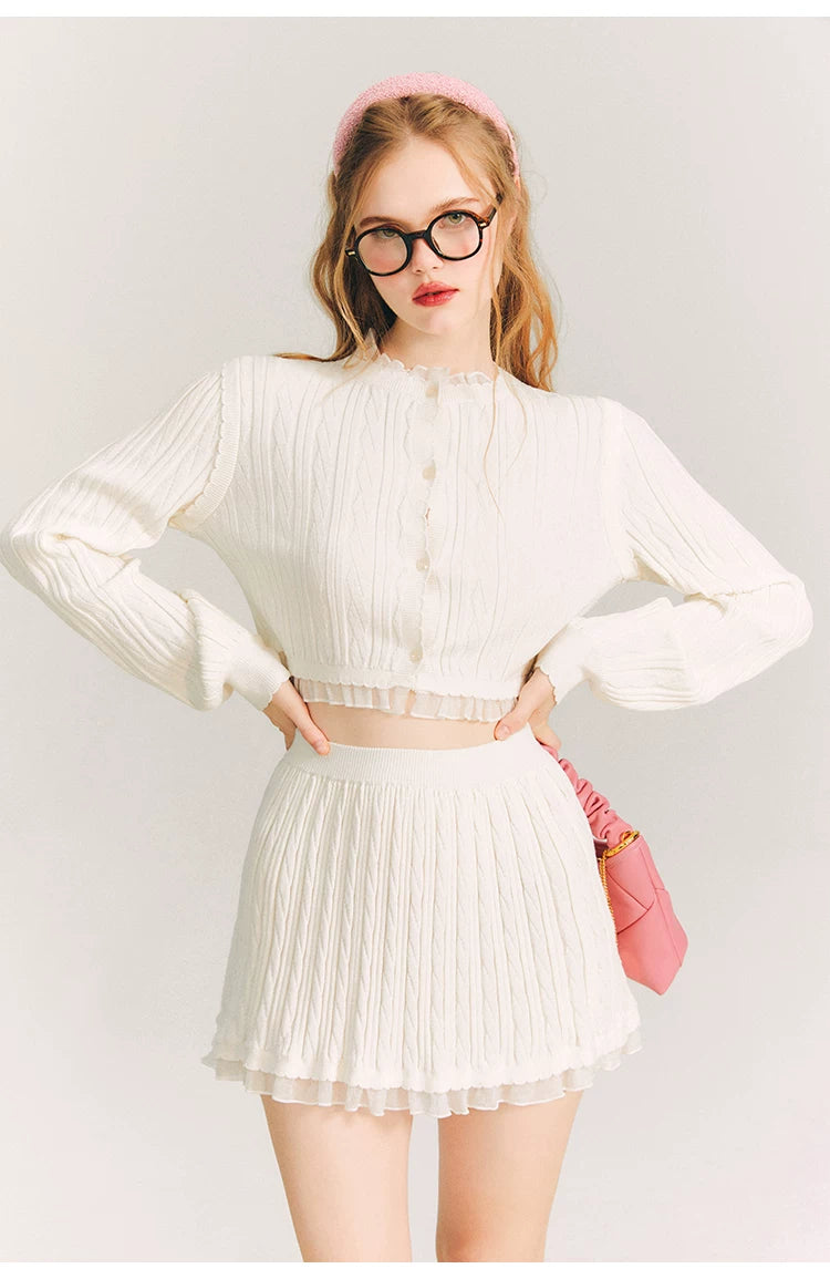 Tulip Button Knit Cardigan & Knit Short Skirt Setup