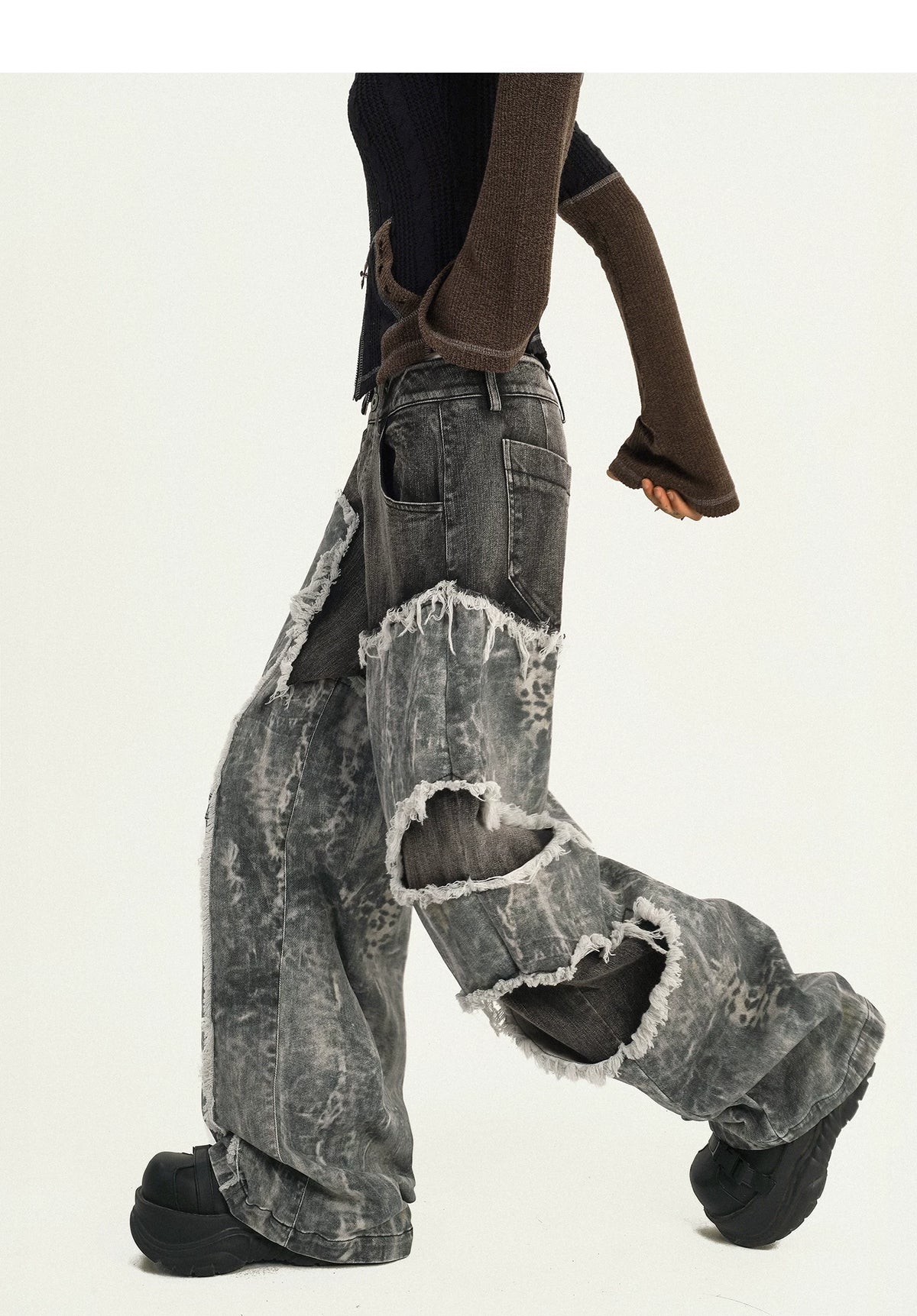 Fake Layered Heavy Craft Raw Hem Wide Leg Denim Jeans