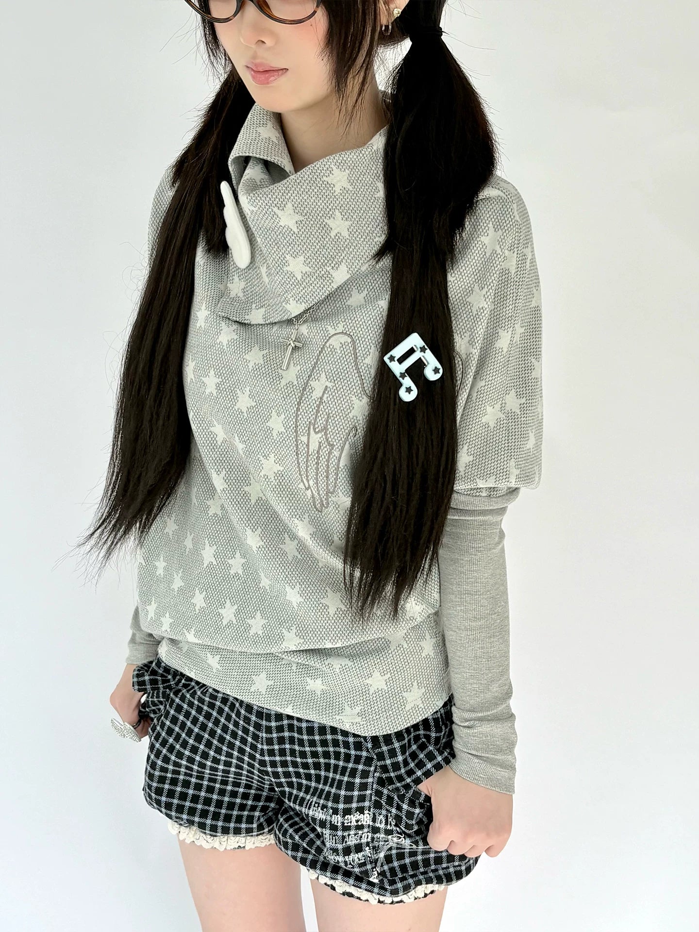 Star Print Asymmetrical High-Neck Long Sleeve T-Shirt
