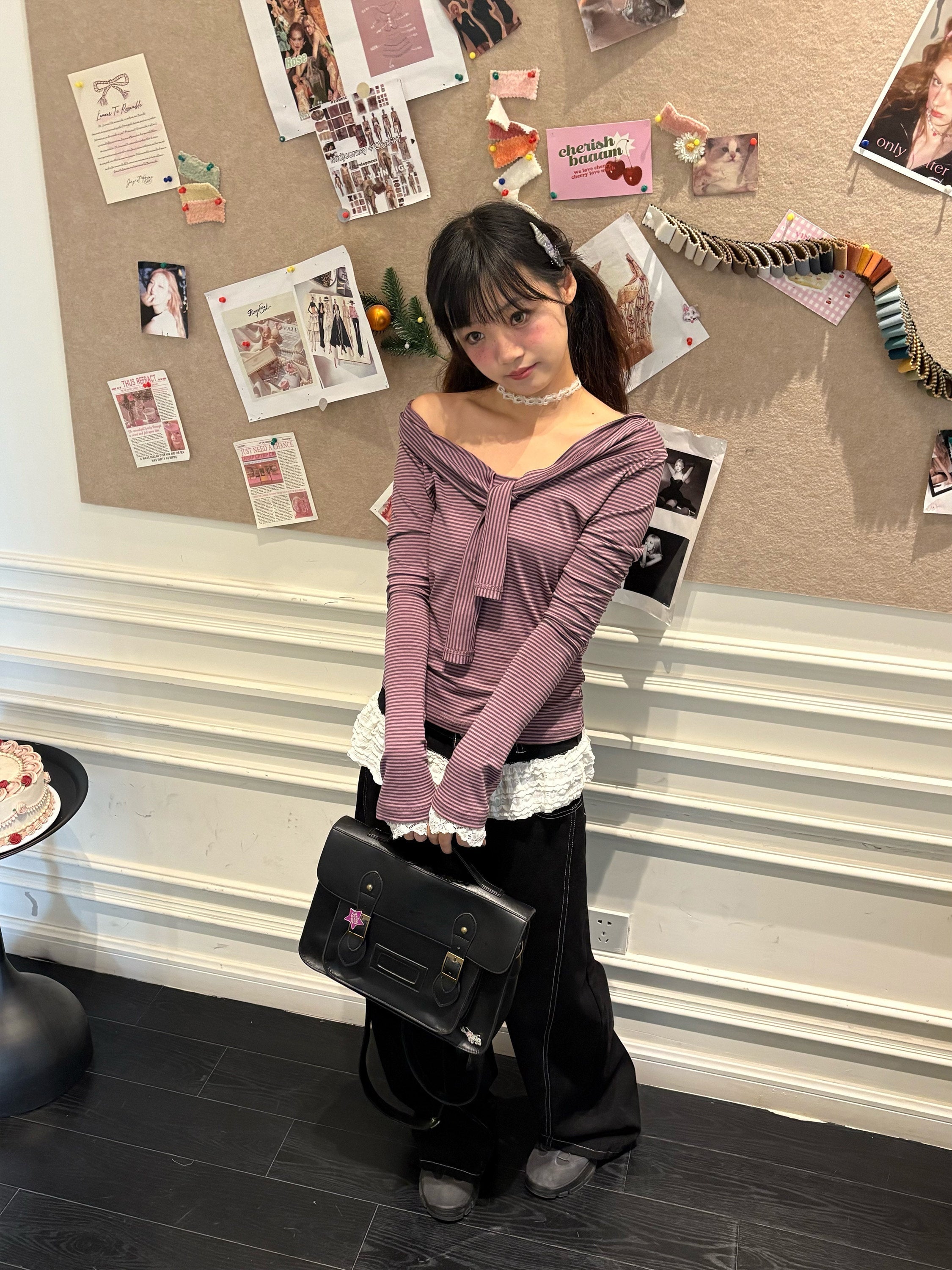 Striped Lace Trim Tie Detail Long Sleeve T-Shirt