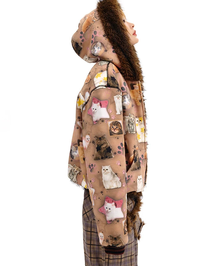 Cat Print Reversible Fur Zipper Jacket