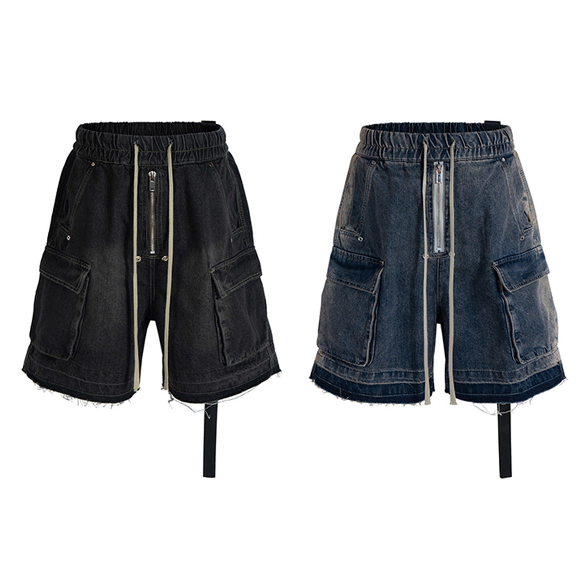 Drawstring Cargo Damage Denim Jort
