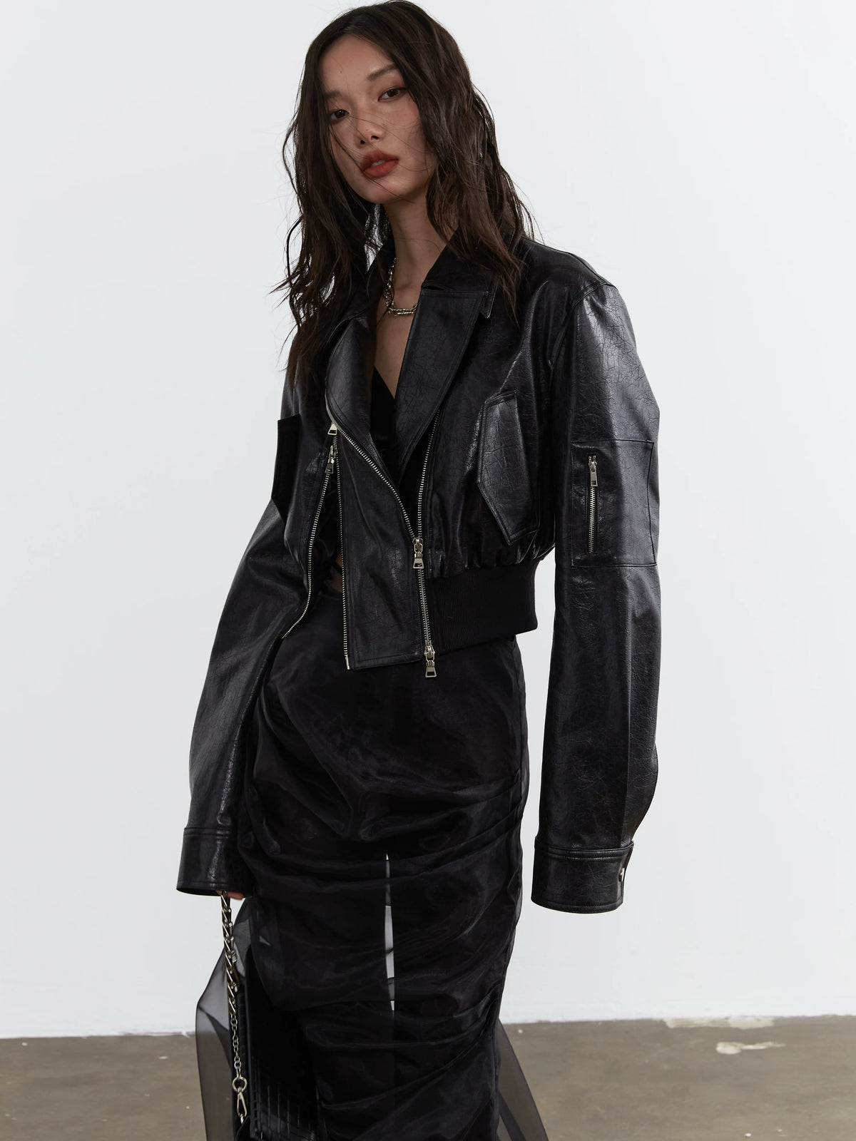 Zipper Decoration PU Leather Short Jacket