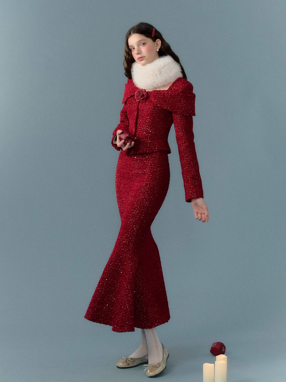 Short Tweed Jacket & Tweed Short Skirt & Tweed Fishtail Long Skirt & Fur Scarf Setup
