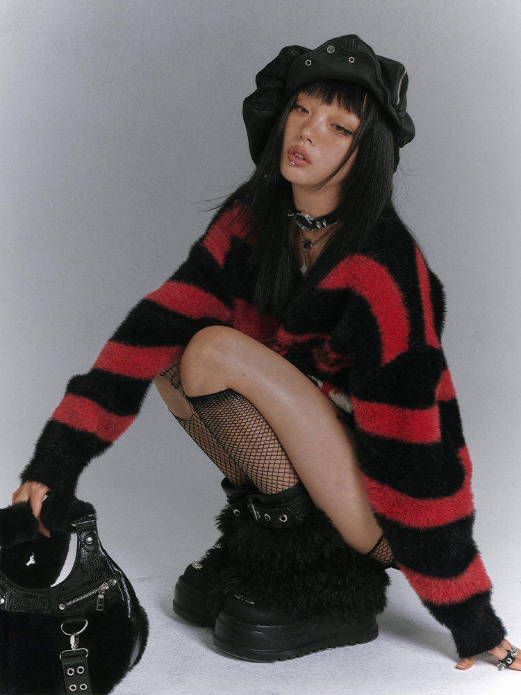 Mohair Spider Pattern Stripe Oversize V-Neck Knit Sweater
